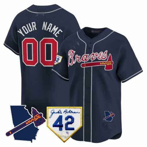 Custom Atlanta Braves 2024 Robinson & Georgia Patch Vapor Premier Limited Jersey ¨C Navy Jereymy