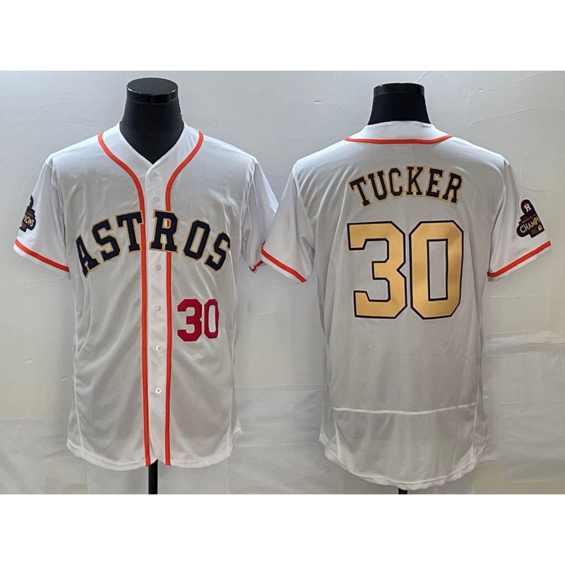 Houston Astros #30 Kyle Tucker Number 2023 White Gold Jereymy World Serise Champions Patch Flex Base Stitched Jersey