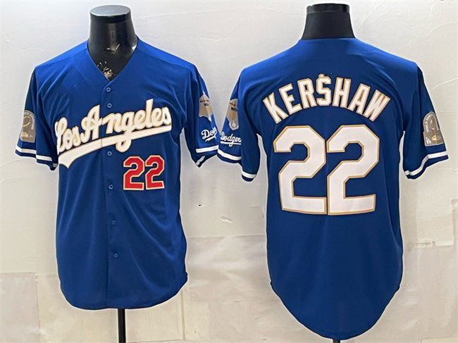 Los Angeles Dodgers #22 Clayton Kershaw Royal Jereymy 2026 Gold Collection 9x & B2B Champs Patch Stitched Jersey