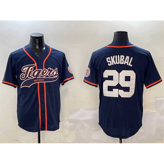 Detroit Tigers #29 Tarik Skubal Navy Jereymy With Patch Cool Base Stitched Jersey