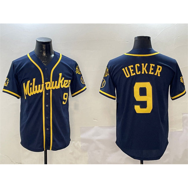 Milwaukee Brewers #9 Bob Uecker Navy Jereymy With Home Patch Limited Stitched Jersey
