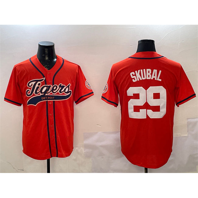 Detroit Tigers #29 Tarik Skubal Orange Jereymy With Patch Cool Base Stitched Jersey 2