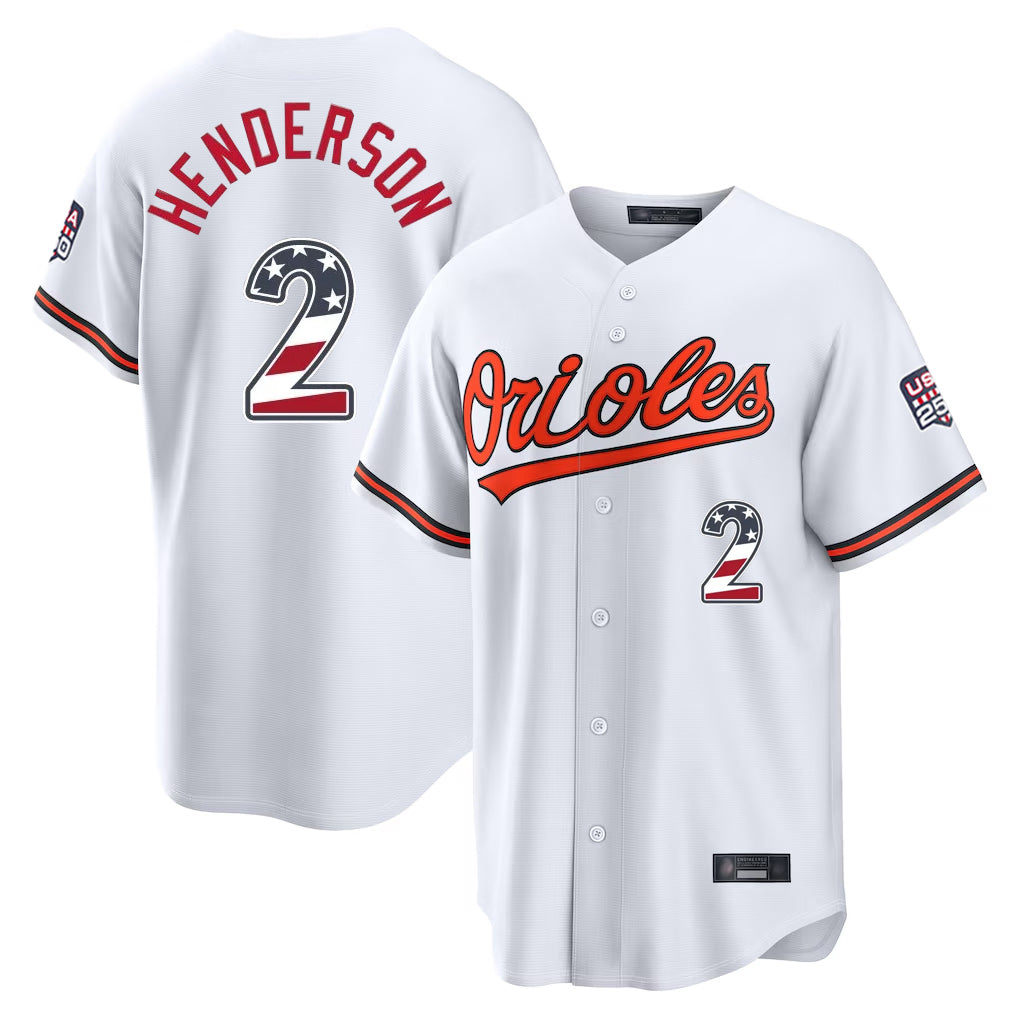 Baltimore Orioles #2 Gunnar Henderson Player White Jereymy USA 250 Fourth of July Home Game Stitched Jerseys