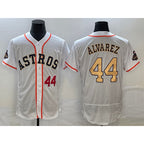 Houston Astros #44 Yordan Alvarez Number 2023 White Gold Jereymy World Serise Champions Patch Flex Base Stitched Jersey