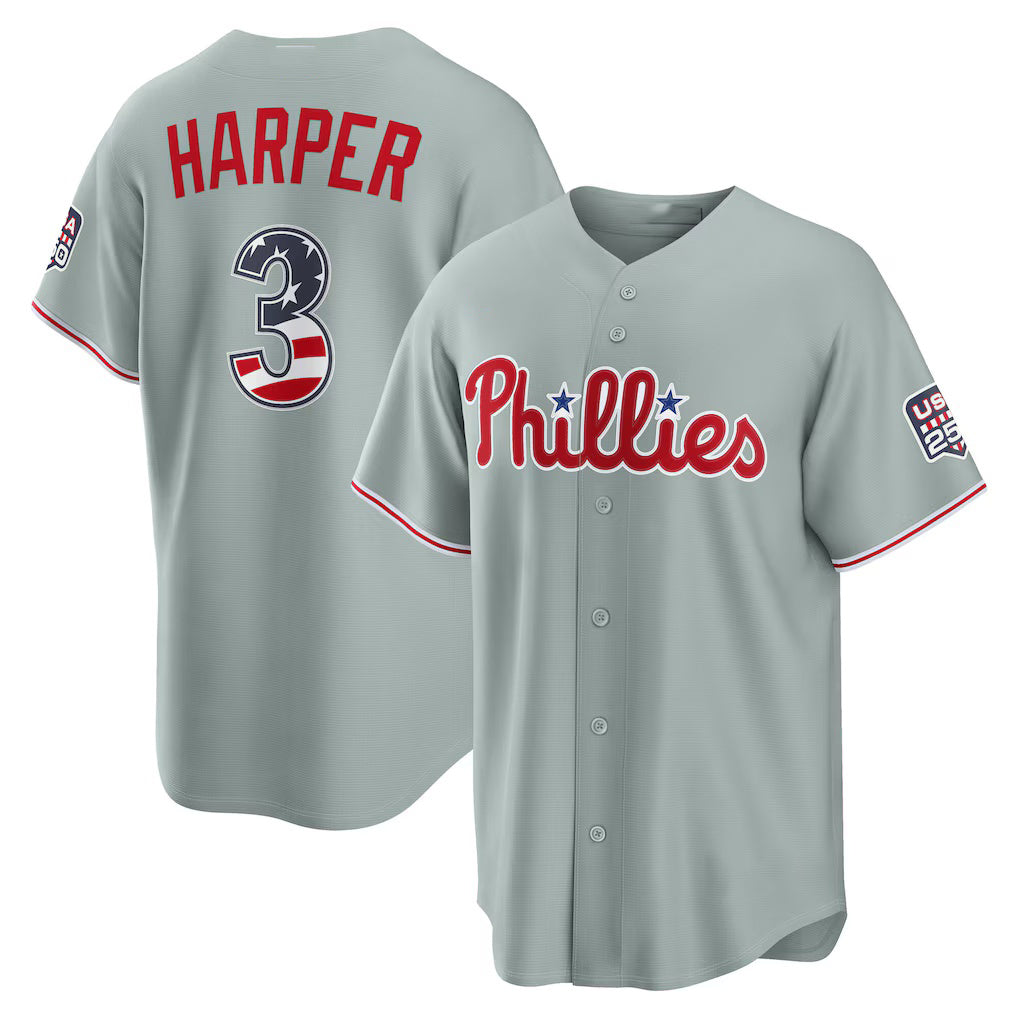 Philadelphia Phillies #3 Bryce Harper USA 250 Fourth of July Road Stadium Jersey - Gray Jereymy