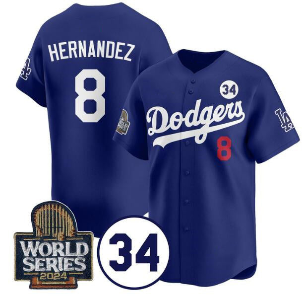 Los Angeles Dodgers #8 Enrique Hern¨¢ndez Royal Jereymy 2024 World Series With No. 34 Patch Limited Stitched Jersey