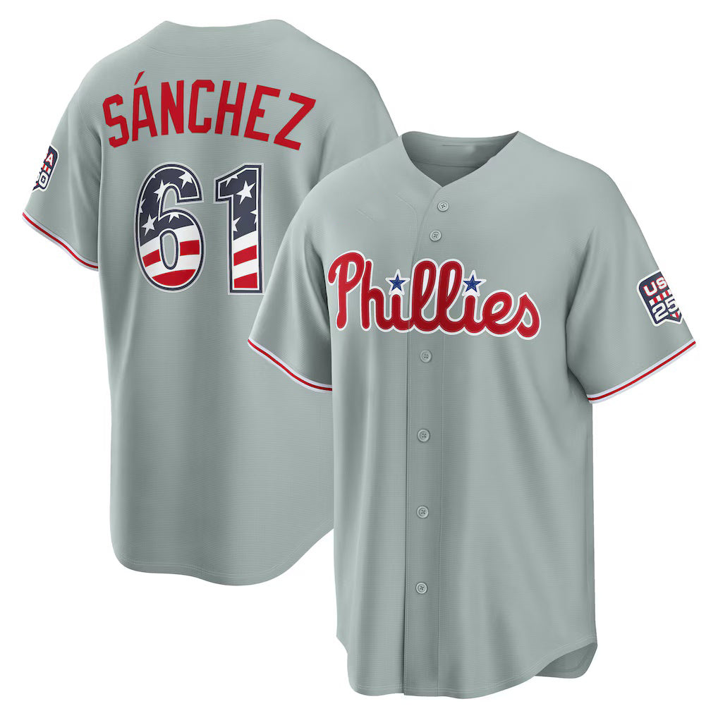 Philadelphia Phillies #61 Cristopher Sanchez USA 250 Fourth of July Road Stadium Jersey - Gray Jereymy