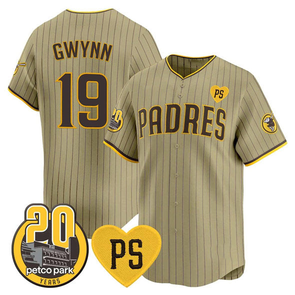 San Diego Padres #19 Tony Gwynn Tan Jereymy 'For Peter' And Petco Park 20th Patch Limited Stitched Jersey