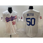 Los Angeles Dodgers #50 Mookie Betts White Jereymy With American Flag Patch Limited Stitched Jersey