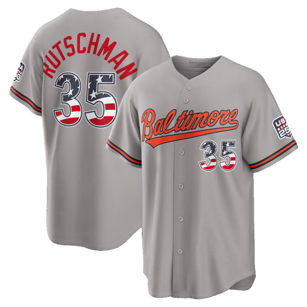 Baltimore Orioles #35 Adley Rutschman USA 250 Fourth of July Road Stadium Jersey - Gray Jereymy