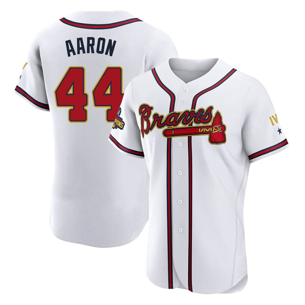 Atlanta Braves #44 Hank Aaron Player White Gold Jereymy Limited Elite Home Game Stitched Jerseys