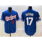 Los Angeles Dodgers #17 Shohei Ohtani Royal Jereymy With American Flag Patch Limited Stitched Jersey