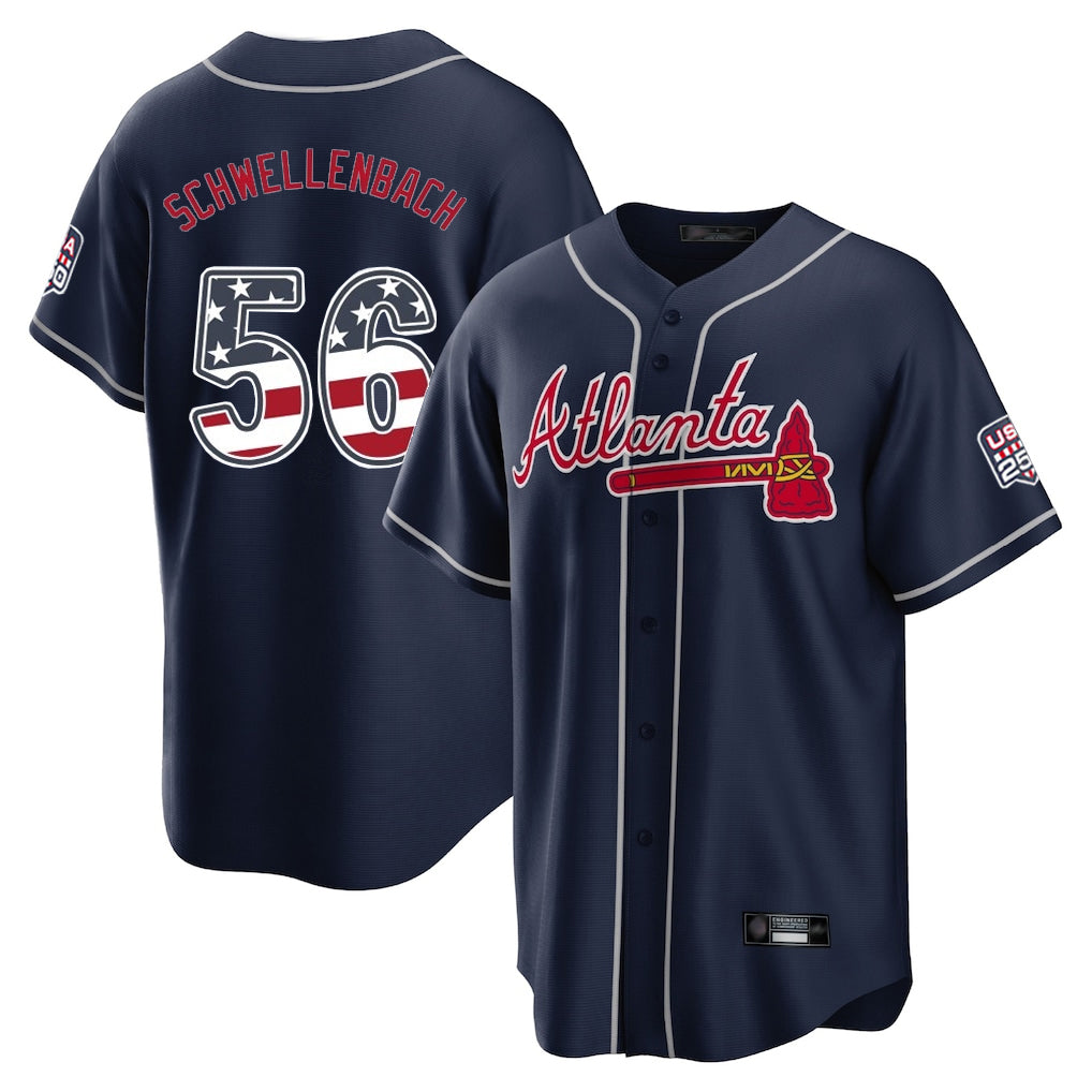Atlanta Braves #56 Spencer Schwellenbach Player Navy Jereymy USA 250 Fourth Of July Limited Home Game Stitched Jerseys