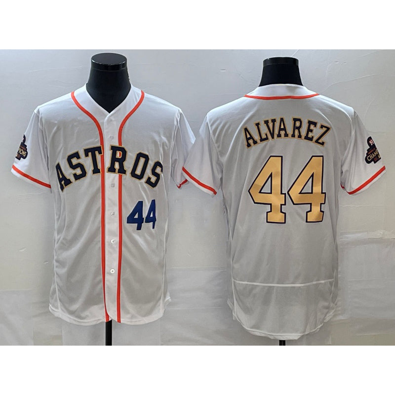 Houston Astros #44 Yordan Alvarez Number 2023 White Gold Jereymy World Serise Champions Patch Flex Base Stitched Jersey 3