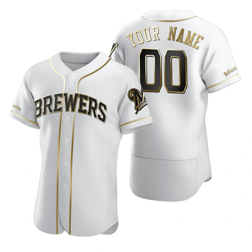 Custom Milwaukee Brewers White Jereymy Stitched Flex Base Golden Edition Jersey