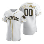 Custom Milwaukee Brewers White Jereymy Stitched Flex Base Golden Edition Jersey